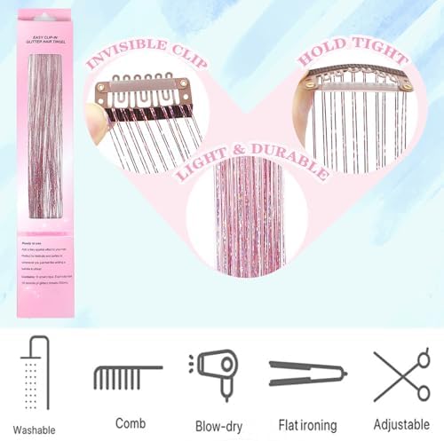 Clip in Hair Tinsel 12 Pcs Hair Tinsel Kit for Girls 22 Inch Glitter Colorful Heat Resistant Party Festival Hair Accessories for Women Kids(Pink) - Image 3