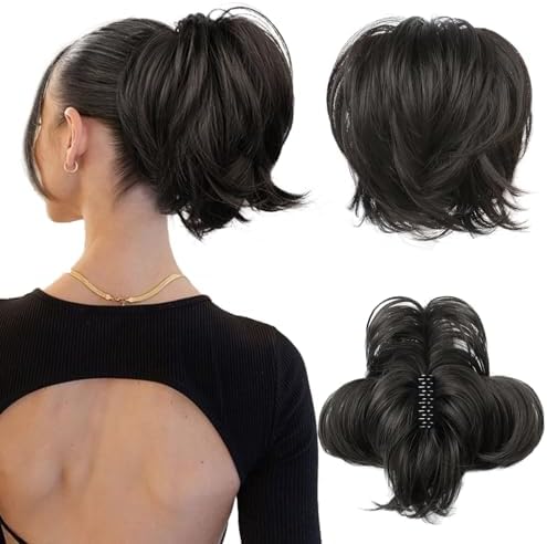 HOOJIH Messy Bun Hair Piece, Claw Clip in Straight Hair Bun 9 Inch Short Ponytail Extension with Bendable Metal Wire Hair Pieces for Women Fake Hair Bun DIY Styles - Black Brown by HOOJIH