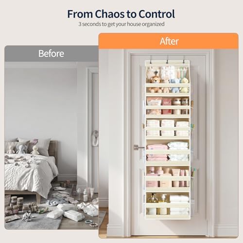 Yecaye 7 Tier Over the Door Organizer, Large Capacity Door Organizer Hanging with Clear PVC Windows, Behind the Door Storage for Bedroom Nursery Closet Laundry Pantry Bathroom, Cream White - Image 4