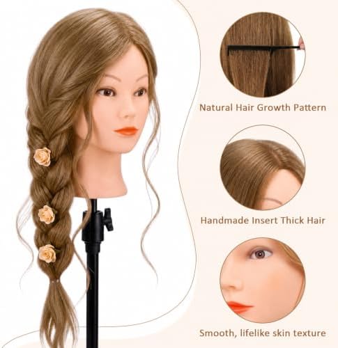 Mannequin Head with 100% Human Hair, MYSWEETY Doll Head for Hair Styling, Manikin Head Cosmetology Makeup Hairdressing Training Head with Clamp Holder and Tools(18" Brown, Makeup) - Image 4