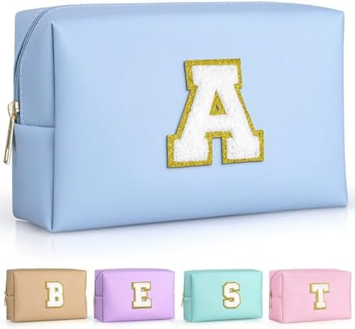 TOPEAST Birthday Gifts for Women, Personalized Initial Makeup Pouch Leather Waterproof Cosmetic Bag Birthday Gifts for Women (Sky Blue A) by TOPEAST