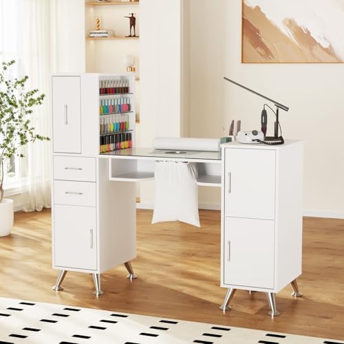 Kikihouse Nail Desk Manicure Table with Dust Collector & Glass Top (White) - Image 2