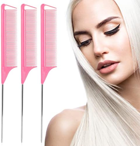 Rat Tail Combs Set - 3 Pack Long Steel Pin Combs for Hair Stylists, Parting and Teasing, Great for All Hair Types (Pink) - Image 2