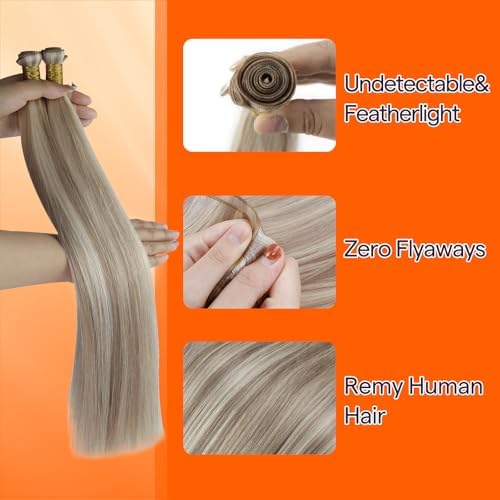 Full Shine 18 Inch Sew In Hair Extensions Real Human Hair Genius Weft Hair Extensions Color Ash Blonde Highlight Bleach Blonde Hair Weft Hand Tied Double Weft Extensions 50G - Image 3