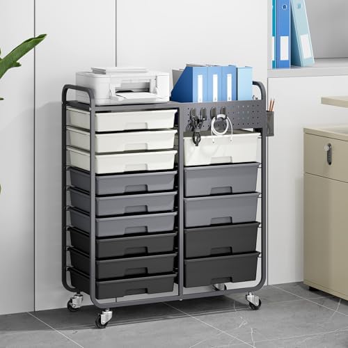 14 Drawer Rolling Storage Cart with Tabletop and Pegboard for Crafts Grey - Image 2