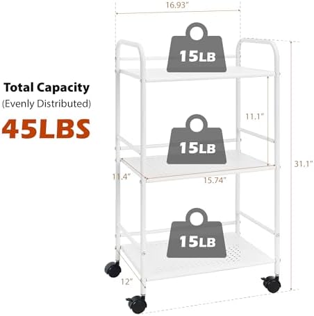 SunnyPoint 3-Tier Rolling Utility Cart – Metal Storage Organizer with Wheels, Mobile Kitchen Cart, Office & Home Organizer, White, 12" D x 16.92" W x 31.1" H - Image 7