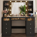 Black Vanity with Lighted 23.5'' Mirror, Makeup Vanity Desk with Glass Top by VQRhome