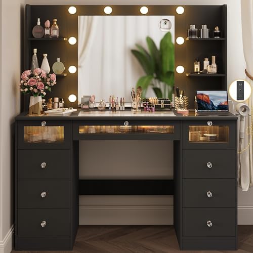 Black Vanity with Lighted 23.5'' Mirror, Makeup Vanity Desk with Glass Top by VQRhome