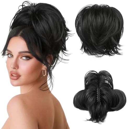 HOOJIH Messy Bun Hair Piece, Claw Clip in Straight Hair Bun 9 Inch Short Ponytail Extension with Bendable Metal Wire Hair Pieces for Women Fake Hair Bun DIY Styles - Black by HOOJIH