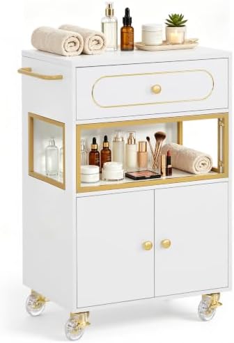 BarberPub Salon Trolley Cart with Drawer & Lockable Wheels 2077(White) by BarberPub
