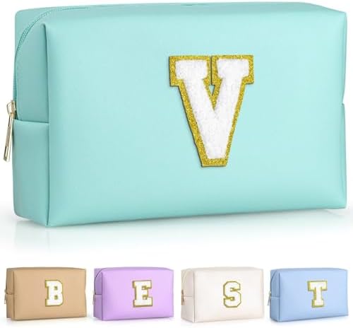 TOPEAST Initial Makeup Bags for Women, Personalized Portable Cosmetic Bag for Travel, Cute Makeup Pouch, PU Leather Waterproof Toiletry Bag, Preppy Things for Girl (Blue V) by TOPEAST