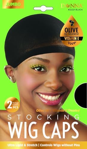 Donna Stocking Wig Caps – 2 Pack Jumbo Size Ultra Stretch Wig Caps Treated with Olive Oil & Vitamin E – Lightweight & Breathable for Wig Comfort and Secure Fit – Black by DONNA