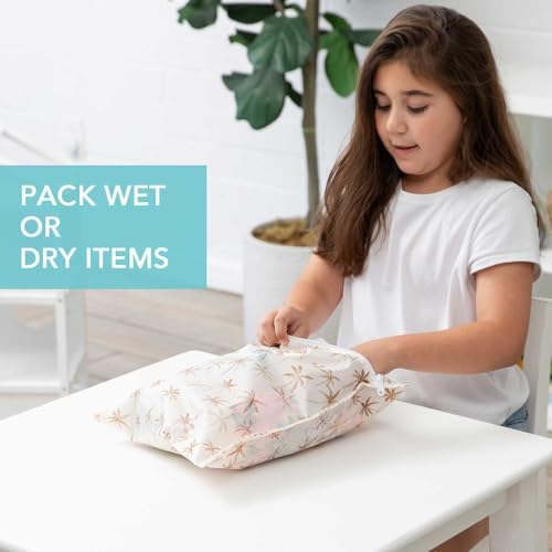 Bumkins Waterproof Wet Bag for Baby, Travel, Swim Suit, Cloth Diapers, Pump Parts, Pool, Beach, Gym Clothes, Toiletry, Hook to Stroller, Daycare, Zip Reusable Wetdry Pack, 2-pk Palm Trees, Beige Check - Image 4