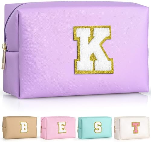 TOPEAST Initial Cosmetic Bag, PU Leather Waterproof Travel Toiletry Bag, Monogrammed Gifts for Women, Personalized Birthday Gift for Sister Friends, Cute Stuff for Girls (Purple K) by TOPEAST