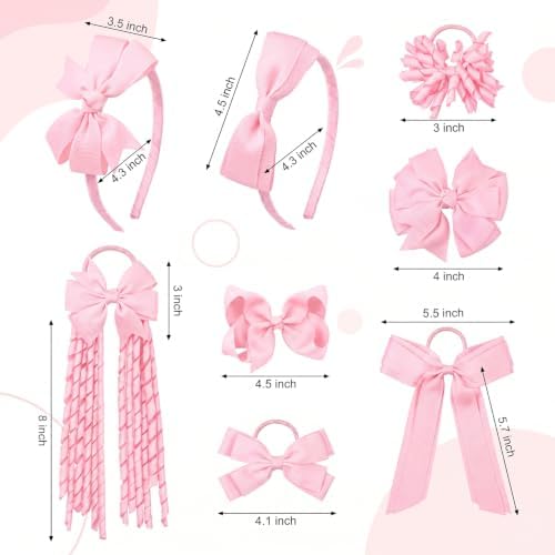 DEEKA Teal School Hair Accessories Set 13 Pcs Uniform Bow Headband Clips Hair Ties Curly Korker Bows for Little Toddler School Girls (Pink) - Image 6