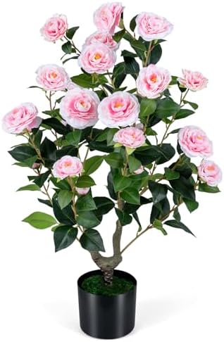 Goplus 35.5’’ Artificial Camellia Tree, Flower Plants Artificial Tree by Goplus