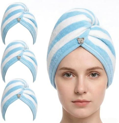3 Pack Microfiber Hair Towel Wrap for Women, Fast Drying Hair Turban with Button, Anti-Frizz Large Hair Towel for All Hair Styles, Soft & Absorbent Hair Drying Towel by YHPDYL