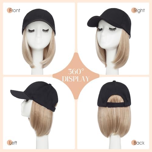 Rich Choices Hat Wigs for Women,Black Baseball Cap with Hair Extensions for Women,Short Bob Hairstyle Caps with Hair Attached Adjustable Baseball Cap Wig 6 Inch-Highlighted Honey Blonde Hair - Image 5