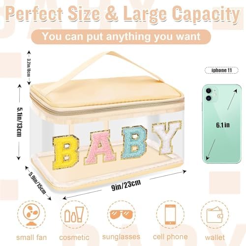 Chenille Letter Clear Makeup Bags Baby Pouch, Preppy Patch Makeup Bag Zipper with Handle, Transparent PVC & Nylon Waterproof Glitter Cosmetic Handbag Travel Toiletry Storage for Women Girl(BABY-Beige) - Image 2
