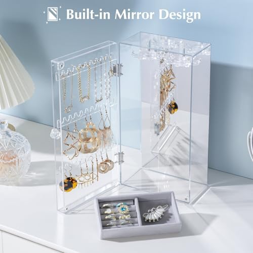 Lolalet Earring Holder Organizer, Acrylic Jewelry Organizer Rotating Clear Earrings Display Box, Dust-proof Jewelry Storage Case with Velvet Tray -Earringmirror - Image 3