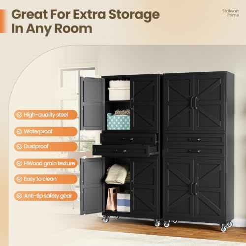 Yizosh 73" Black Mobile Metal Kitchen Pantry Storage Cabinet with 2 Drawers - Image 6