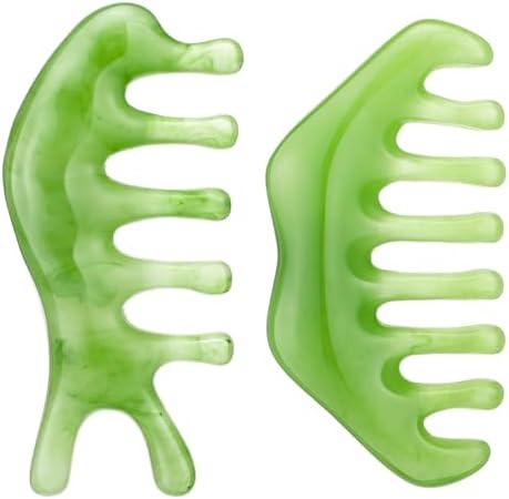 Geiserailie 2 Pcs Jade Combs Gua Sha Stone Scalp Massage Tool by Geiserailie