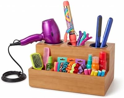 Hair Tools Organizer - Wood Tan - Blow Dryer, Straightener, Curling Wand, Brushes Holder - Vanity & Bathroom Storage - Wall Mount or Sit on Counter by Spiretro