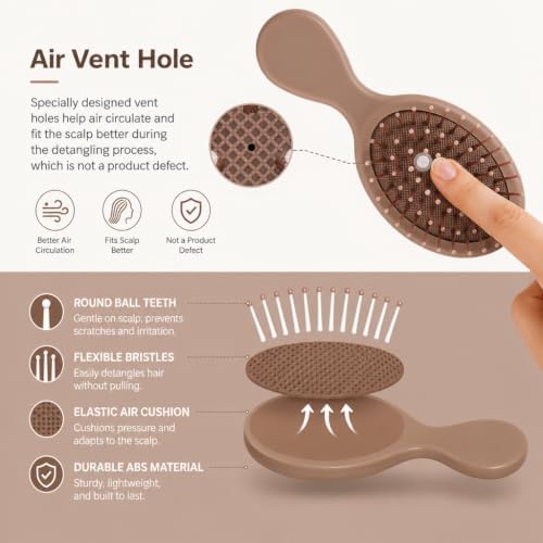 Mini Hair Bursh for Kids Women and Men, Protable Travel Size Hair Brush for Pockets Purse backpack, Mini Detangler Brush for All Hair Types, Small Hair Brush for Detangling(Brown) - Image 3