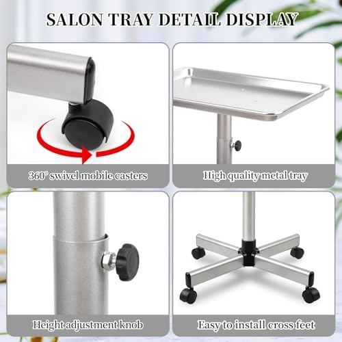 Salon Tray on Wheels, Hair Stylist Tray with Adjustable Height, Silver - Image 4