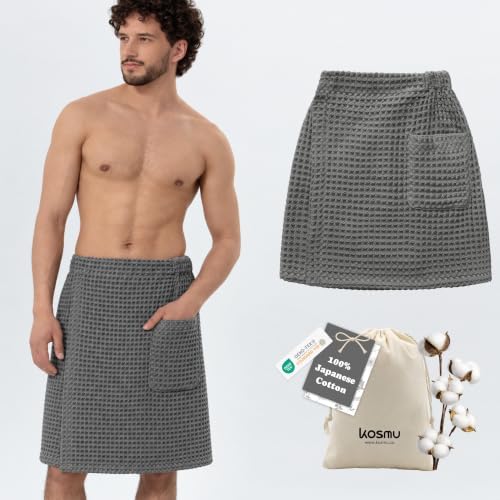 Luxury Organic Japanese Cotton Waffle Body Towel Wrap for Men | Sauna, Spa, Onsen, Shower Towel with Adjustable Snap Closure and Pocket | Ultra Plush 450 GSM (Smoke, L/XL) by KOSMU