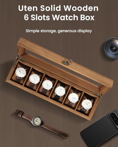 Uten Wooden Watch Box 6 Slot, Watch Display Case with Glass Lid, Brown - Image 6