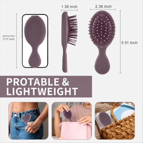 Mini Hair Bursh for Kids Women and Men, Protable Travel Size Hair Brush for Pockets Purse backpack, Mini Detangler Brush for All Hair Types, Small Hair Brush for Detangling(Purple) - Image 2