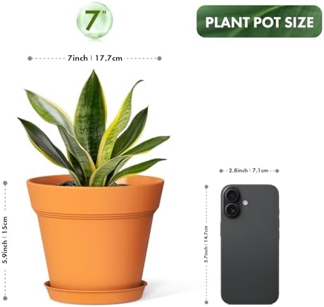 WSMKSZ 7 Inch Thick Plastic Plant Pots with Drainage Holes and Trays – 6 Pack Nursery Pots for Indoor & Outdoor House Plants, Seedling Starter Planters for Garden Flowers, Terracotta - Image 3