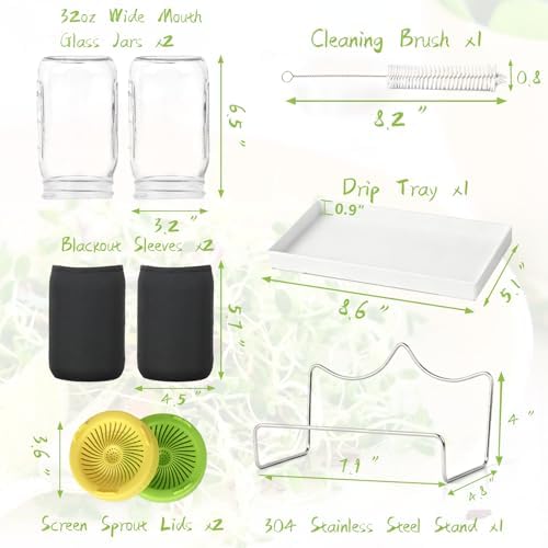 Seed Sprouting Kit - 2×32 Oz Wide-Mouth Mason Jars with Sprouter Lids, Stand, Sprout Tray & Light Shield, for Broccoli, Alfalfa, Mung Beans & Microgreens (Yellow + Green) - Image 3