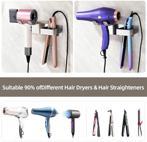 Hair Dryer and Straightener Holder, Upgraded Hair Straightener Holder with Cable Hook, Stainless Steel Universal Hair Dryer Wall Mount Waterproof for Bathroom Space-Saving Silver - Image 2