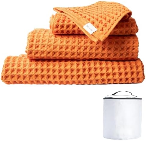 Luxury Organic Japanese Cotton Waffle Bath Towel | Thick, Absorbent, Quick Dry Bathroom Towels for Shower, Sauna, Onsen| Hotel & Spa Quality, Gift-Ready (Coral Orange, Complete Set (4-Piece)) by KOSMU