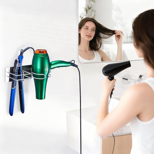Hair Dryer and Straightener Holder Wall Mounted, Self Adhesive Blow Dryer and Flat Iron Storage Hair Tool Organizer for Bathroom Vanity (Silver) - Image 4