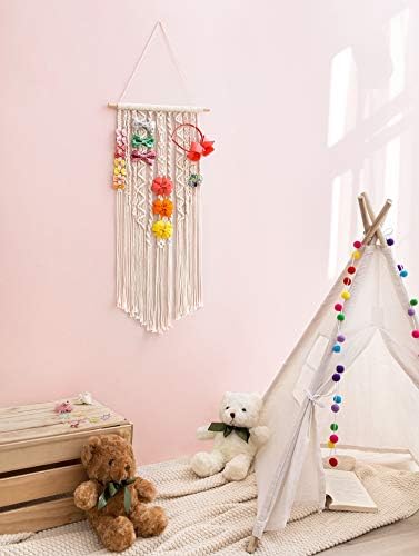 Mkono Macrame Bow Holder, Wall Hanging Hair Bow Organizer for Girls, Ivory - Image 3