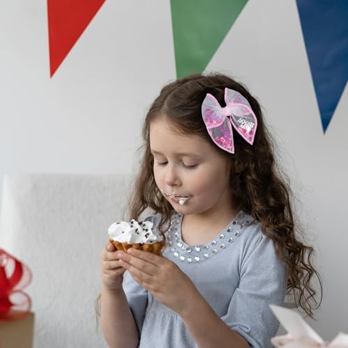 Birthday Hair Bows for Girls,2 Pcs 4" Glitter Pink Tulle Shaker Bows Alligator Clips with Happy Birthday Cake Confetti for Teens,Toddlers,Baby, Kids Party Dress Accessory Gift - Image 4