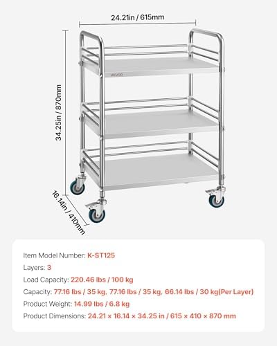 VEVOR Stainless Steel Rolling Cart, 3-Tier Metal Utility Cart with Lockable Wheels, Medical Serving Trolley Clinic Tray, Mobile Service Cart for Hospital, Lab, Restaurant, Kitchen, Salon - Image 7