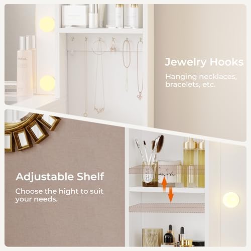 Hasuit 48.8'' Large Vanity Desk with Lighted Mirror & Power Outlet, White Makeup Vanity Table with 6 Drawers, 4 Shelves and 1 Storage Cabinet, Glass Tabletop Bedroom Dressing Table, 3 Lighting Modes - Image 5
