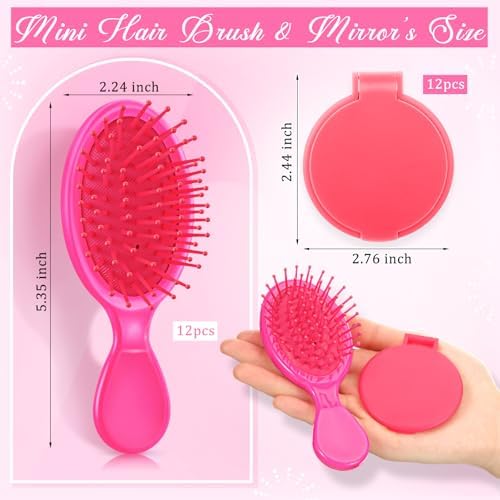Meanplan 24 Pcs Mini Hair Brush Set 12 Travel Wet Dry Hair Combs Pocket Detangling 12 Compact Folding Makeup Mirror for Spa Sleepover Birthday Bridal Shower Bachelorette Christmas Party Gift(Rose Red) - Image 2