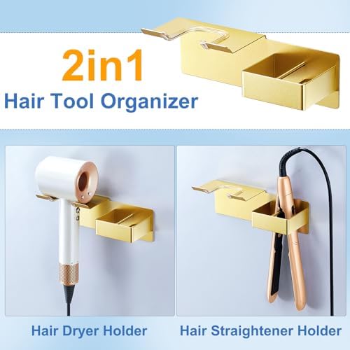 Hair Dryer Holder Wall Mounted, Hair Straightener Holder Metal, Adhesive Blow Dryer and Hair Straightener Holder, Bathroom Bedroom Hair Tool Organizer for Flat Iron,Curling Iron,Hairdryer (Gold) - Image 2