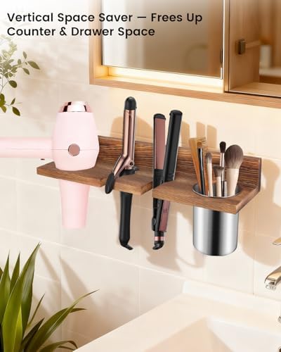 Hair Tool Organizer for Bathroom – Wall Mounted Hair Dryer Holder with Heat-Resistant Cups, Curling Iron & Straightener Rack, Blow Dryer Organizer for Vanity or Wall (Brown) - Image 2