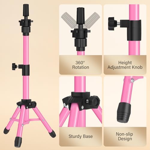 ZQIAN BEAUTY 25 Inch Wig Stand Tripod, Adjustable Mannequin Head Stand, Wig Head Stand for Training Heads And Canvas Block Head (Pink, Mannequin Head Not Included) - Image 4