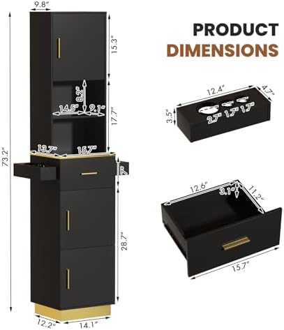 Tall Hair Salon Station for Hair Stylist with Storage (Black) - Image 3