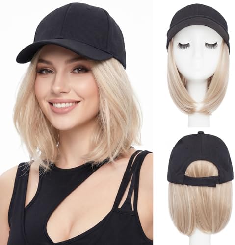 SEGO Baseball Cap with Hair Extensions for Women Heat Resistant Synthetic 6" Adjustable Short Straight Hairpiece Replacement Wigs in Black Hat for Girls 16P613 Ash Blonde Mix Bleach Blonde by SEGO