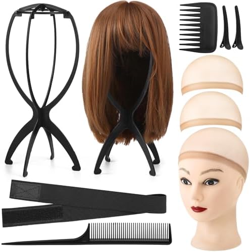ProSuites 9 Pack Set 2 Wig Head Stand with 2 PCS Wig Brush Comb 2 Hair Net 1 Grip Band 2 Clips Set for for Travel Home Use by ProSuites