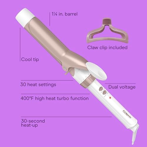 Conair Double Ceramic 1 ¼-Inch Curling Iron with Claw Clip, 1 ¼ -Inch Barrel Creates Loose Curls, Hair Curler for Use on Medium & Long Hair, White/Rose Gold - Image 2