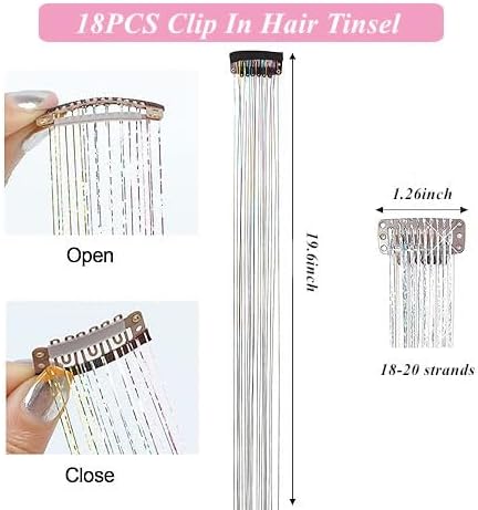ZYXQZYX Hair Tinsel Kit Pack of 18 Pcs Hair Tinsel Clip in 19.6Inch Glitter Tinsel Hair Extensions Heat Resistant Clip in Hair Tinsel Sparkle Fairy Hair Accessories for Kids Girls Women (Colorful) - Image 3